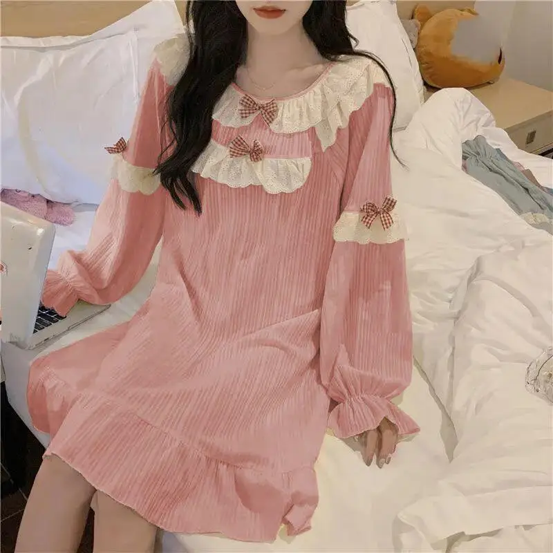 

Пижамное платье для молодой девушки с бантом, милое свободное платье принцессы Kawaii с длинными рукавами, одежда для отдыха, четыре сезона, домашняя одежда, одежда на улице