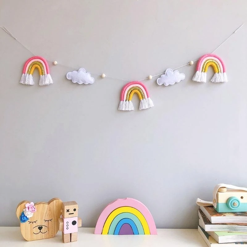 

J15U Nordic Wooden Beads Garlands with Felts Cloud Knitting Wool Rainbow Tassels Pendant