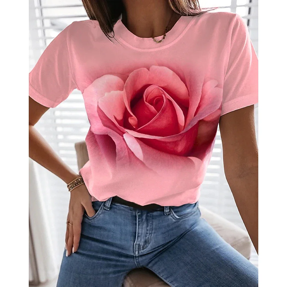 Boutique Rose Flower Graphic T Shirt Fashion Trend Women\'s Short Sleeve Shirts Casual O-neck Loose Tees Streetwear Free Shipping