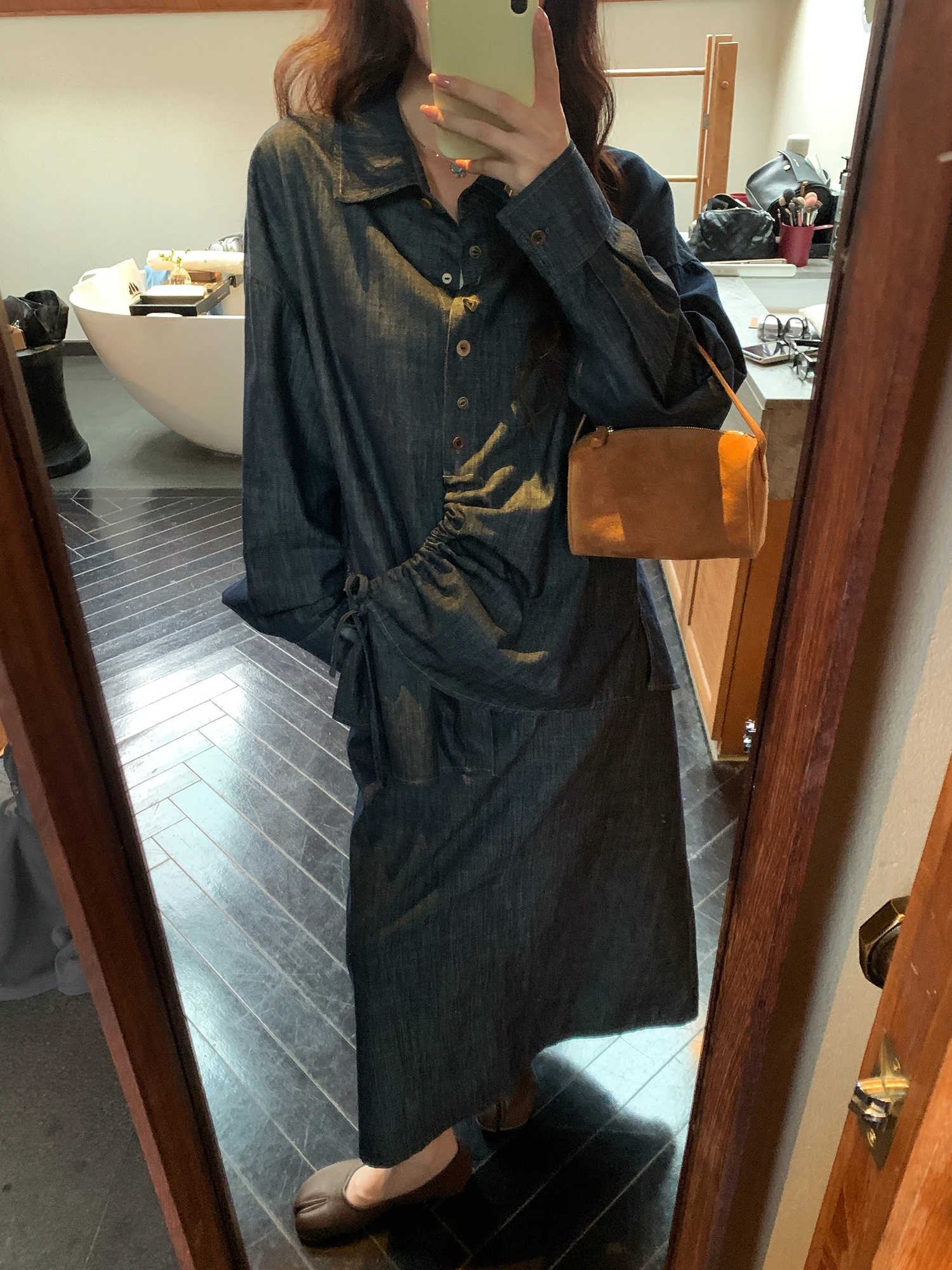 

NAZ Casual Denim Shirt And Long Skirt Set with Drawstring for plus Size Women Spring Fashion Ensemble High Waist A-Line Skirt
