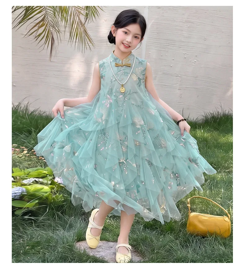 

New Baby Summer Girls Teenage Blue Chinese Style Dress, Princess Kids Fashion Dresses 4-10
