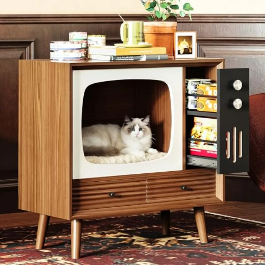 

Indoor TV-shaped vintage wooden cat house with drawers for living room and bedroom decoration walnut color durable natural wood