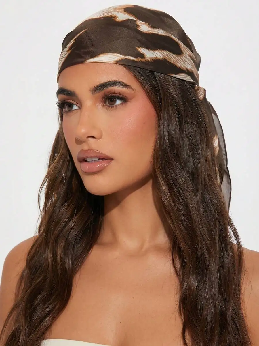 

1pc Brown Zebra Print Silk-Feel Elegant Scarf, Lightweight Versatile All-Season Fashion Headscarf, Retro Hair Accessory Suitable