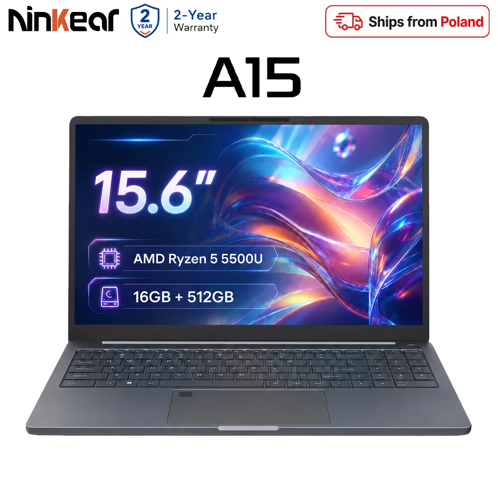 Ordinateur portable Ninkear A15 15,6 pouces FHD IPS AMD Ryzen 5 5500U, 16 Go de RAM, 512 Go de stockage, déverrouillage par empreinte digitale, Windows 11 Pro, Office Notebook