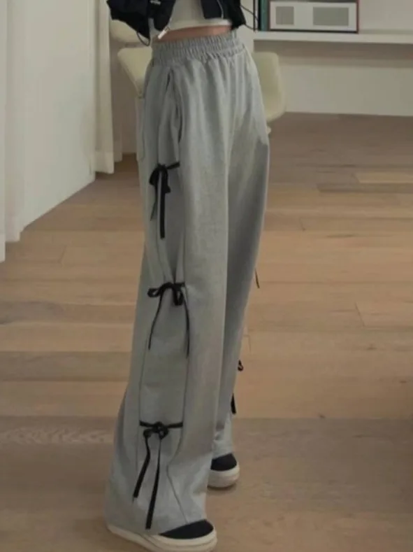 Eleganckie letnie nowe spodnie z kokardką, elastyczną talią, prostymi nogawkami, długie spodnie w stylu ulicznym.