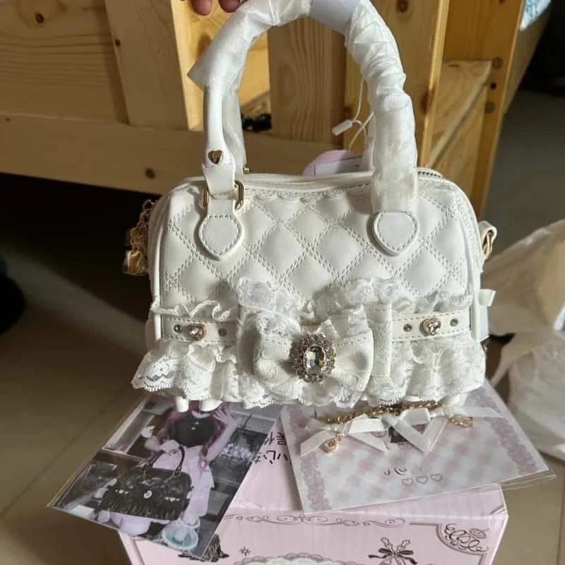 Quilted Boston Bag Lace Bow, Crossbody Handbag Large Capacity Shoulder, Purse Cute Lolita Kawaii Tote, For Women Girls Travel