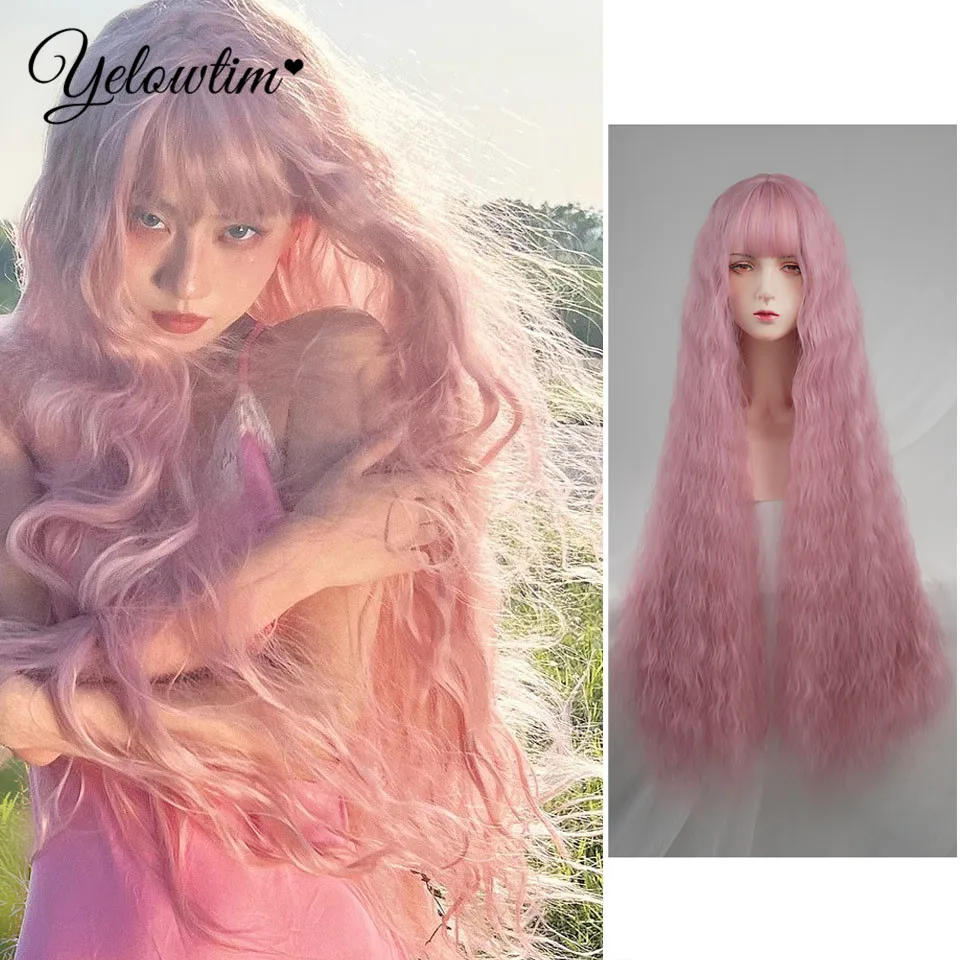 YELOWTIM Synthetic wig headband for women with long curly hair, cosplay wavy corn curly hair, pink wig headband