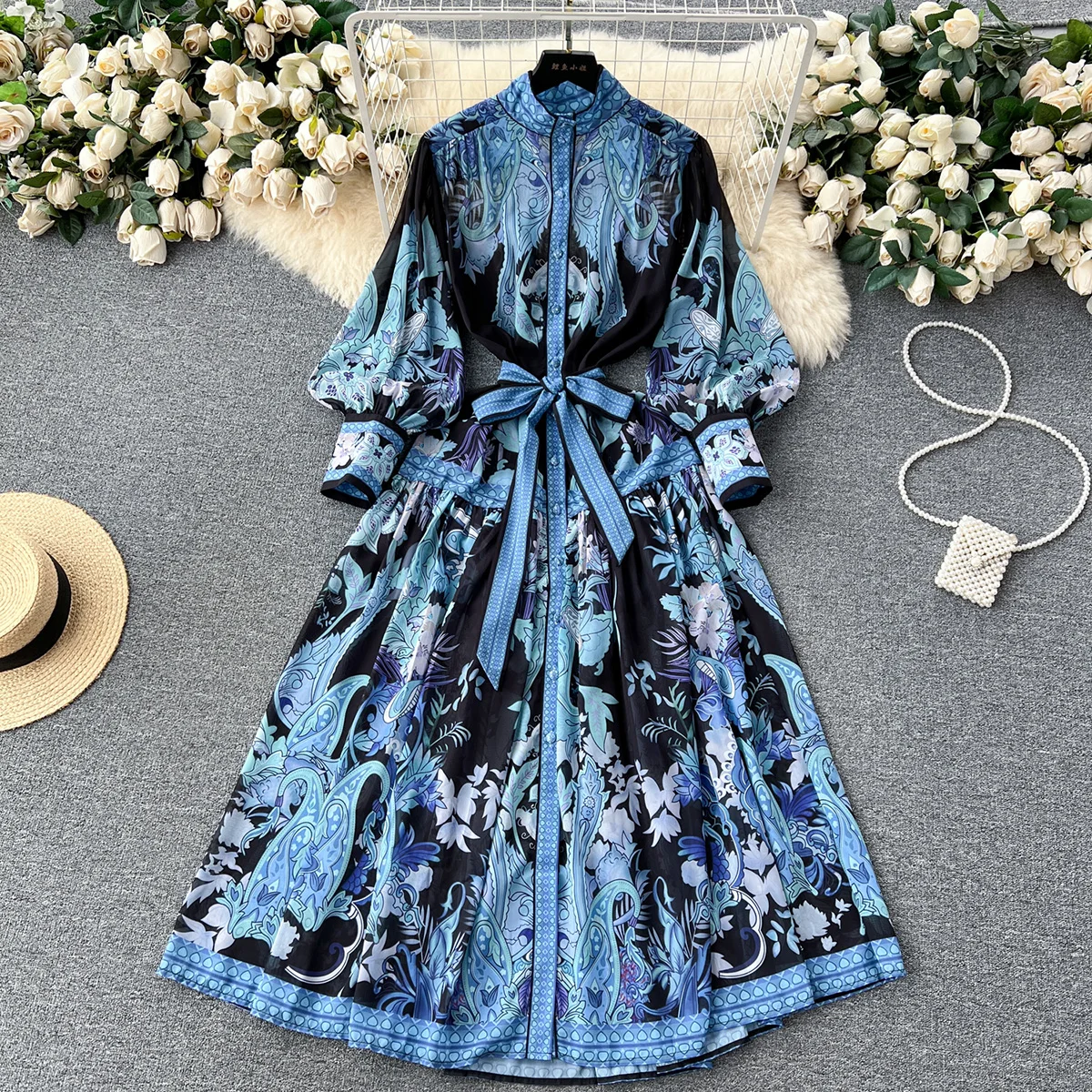 Women Dresses 2023 Stand Collar Elegant Vintage Paisley Print Boho Dress Long Sleeve Button Up Chiffon Long Dresses With Belt