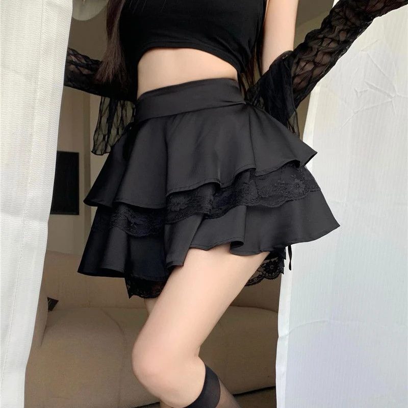 Casual doce vestido de baile feminino mini saia preto cintura alta rendas retalhos y2k roupas todos os jogos babados senhoras shorts brancos saia