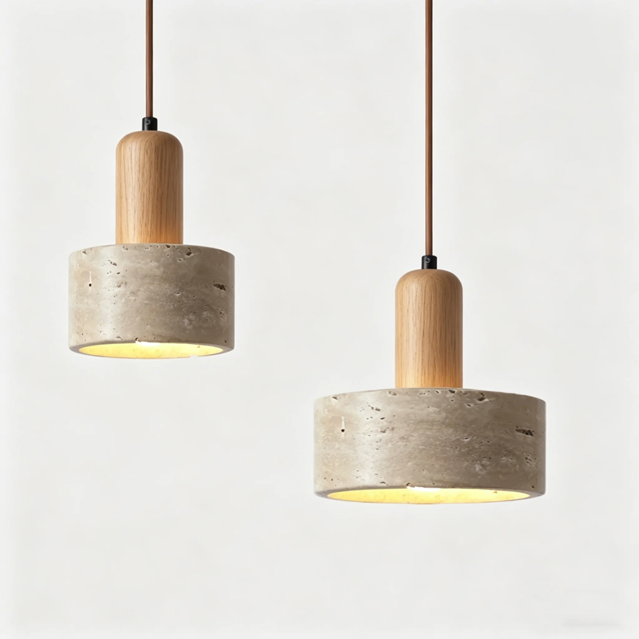 Luminária Suspensa E27, Luz Pendente de Pedra Travertino Natural, Iluminação em Pedra Cor de Madeira para Ilha de Cozinha, Quarto e Decoração de Cabeceira