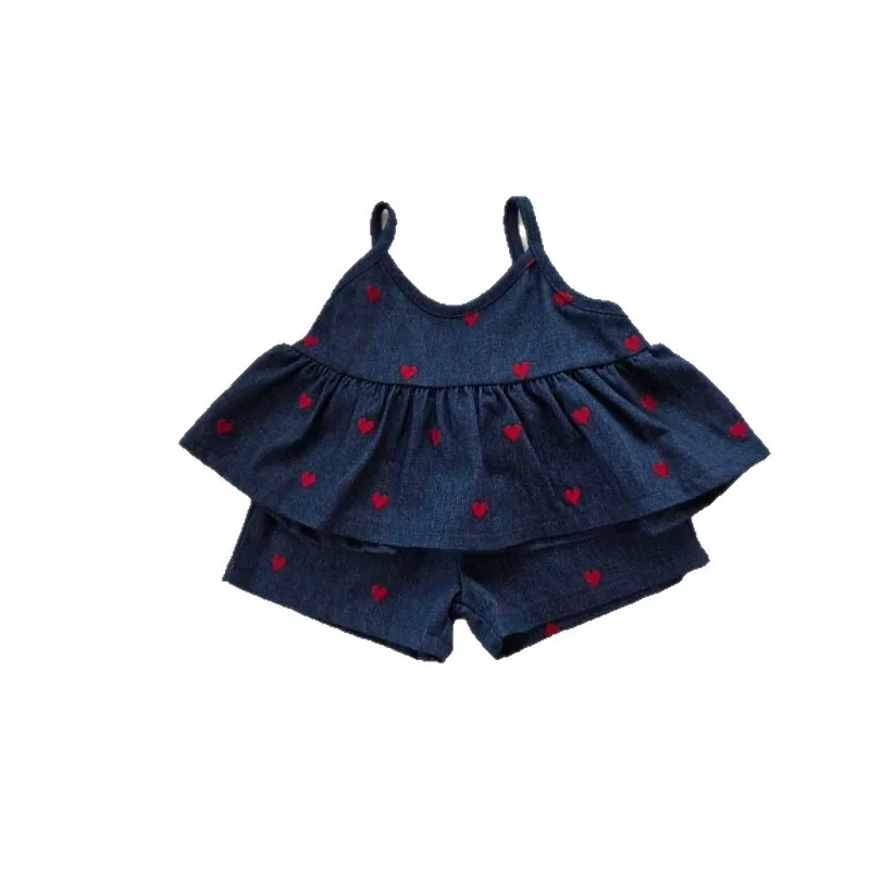 2026 Summer New Girls Sleeveless Denim Clothes Set Baby Girl Heart Print Sling Tops + Shorts 2pcs Suit Kids Toddler Outfits view 6