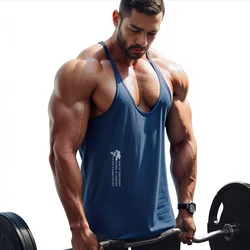 2024 Summer European American Men's Y Back Gym Stringer Tank Top Cotton Clothing Bodybuilding Sleeveless Shirt Fitness Running