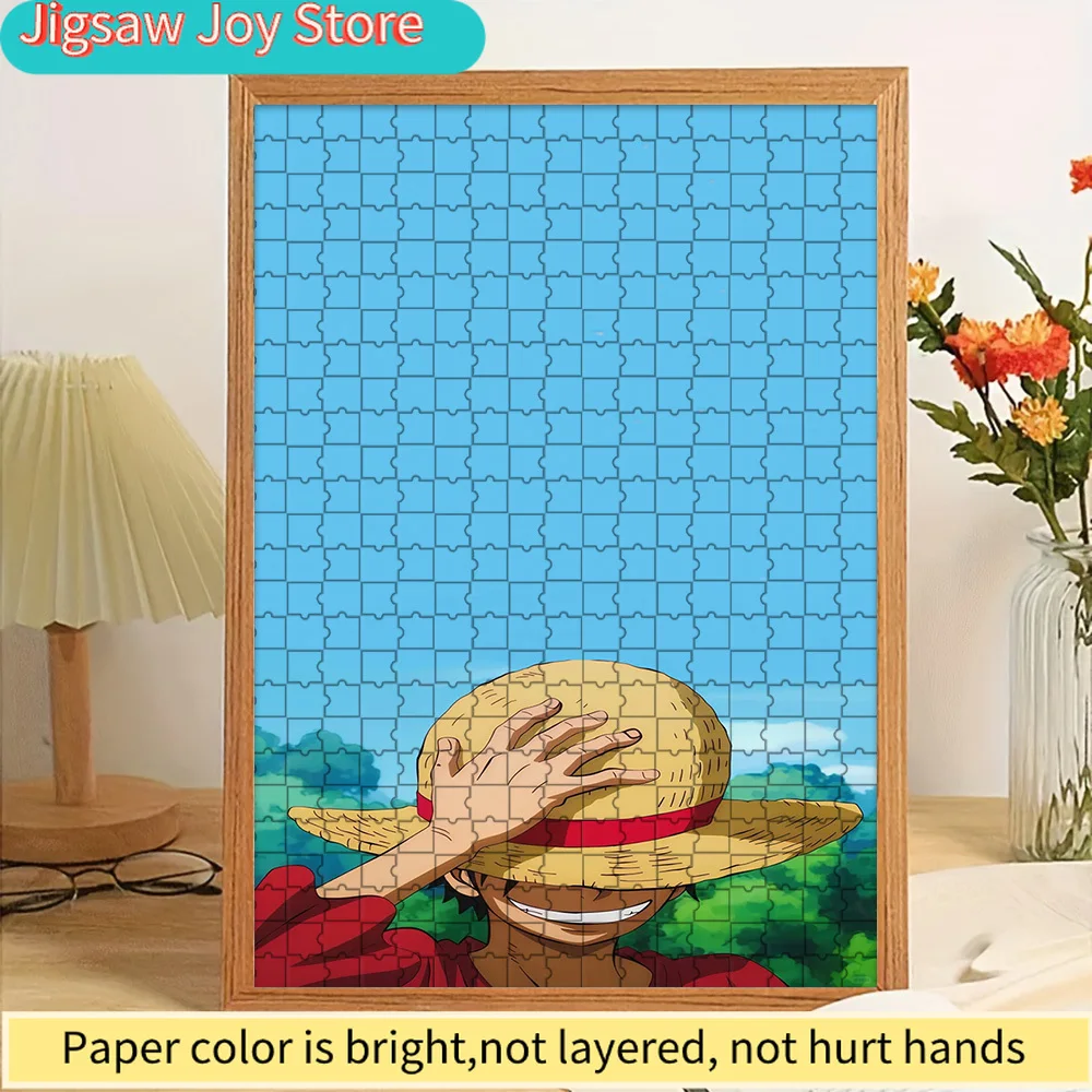 

One Piece Monkey D. Luffy Straw Hat Covering Eyes Smiling Scene Blue Sky Green Trees Art Paper Jigsaw Puzzle, Anime Pirate Capta