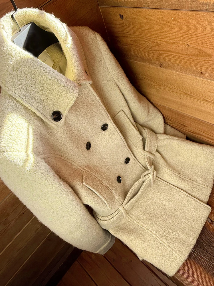 Coreano sle casaco de lã feminino duplo abotoado cintura-conchação ort casaco calor faion 2025 novo sle fibra de poliéster