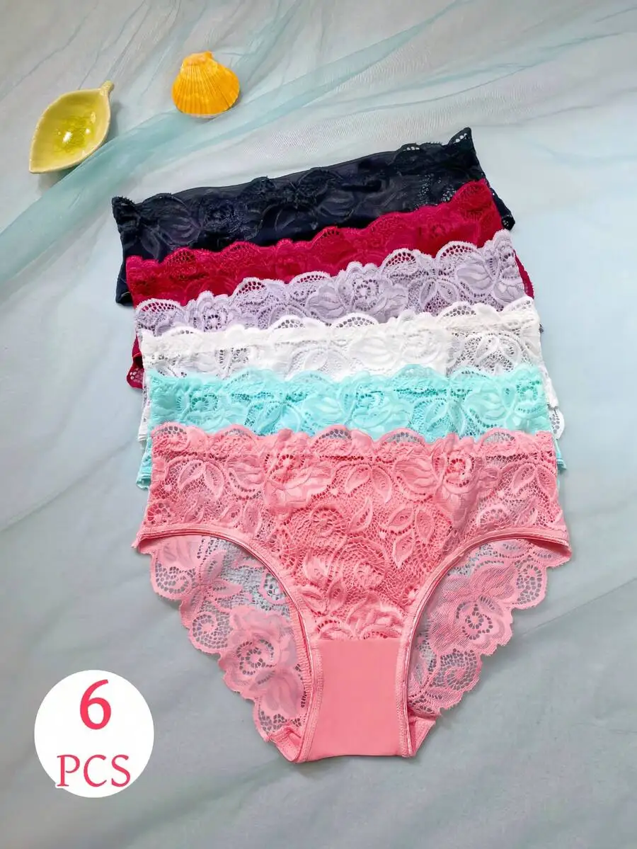 

6 Pcs Womens Lace Briefs High Waist Full Coverage Soft Stretchy Cotton Blend Underwear