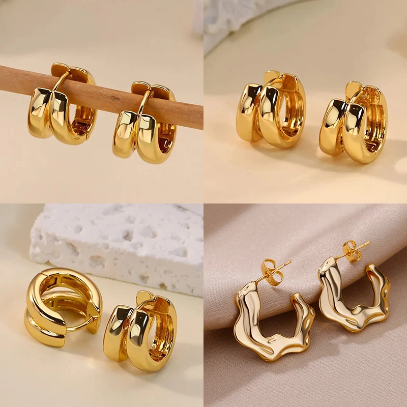 Classic Double Hoop Earrings for Women Chunky Stainless Steel Gold Color Earring 2025 Trend New in Minimalist Pendientes Jewelry