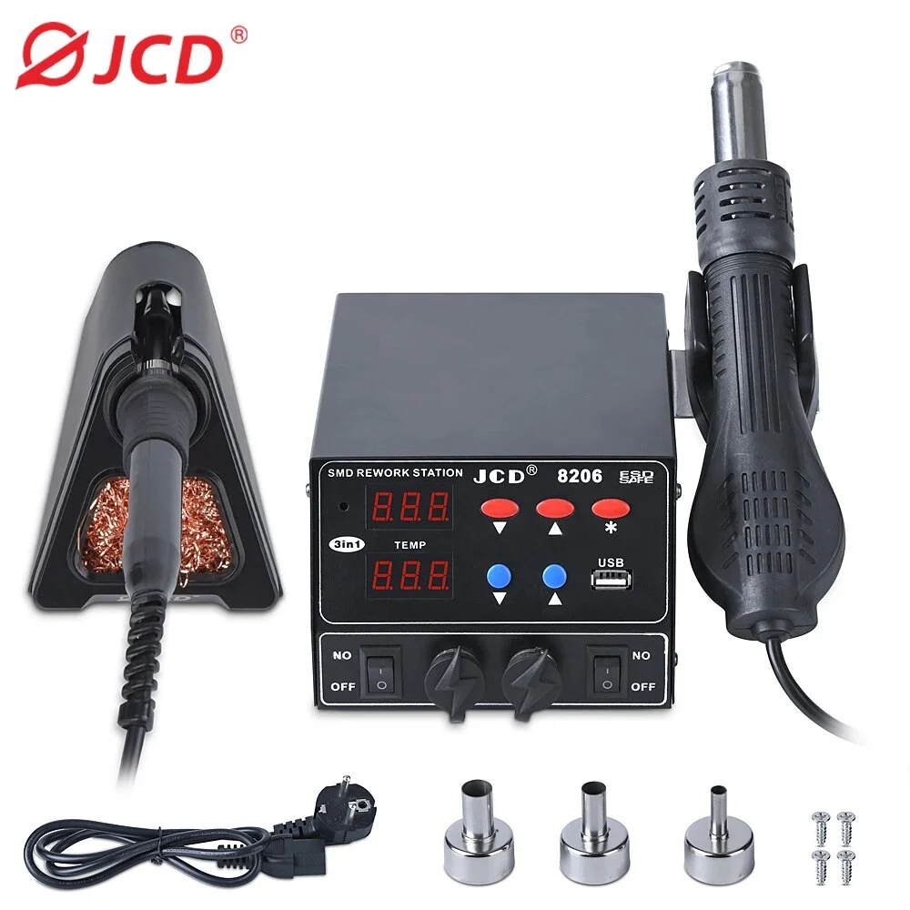 JCD 8206 SMD Soldering Station Quick Heat 3 in 1 Heat Gun 800W USB Interface LED Display Solder Iron BGA Rework Welding Station