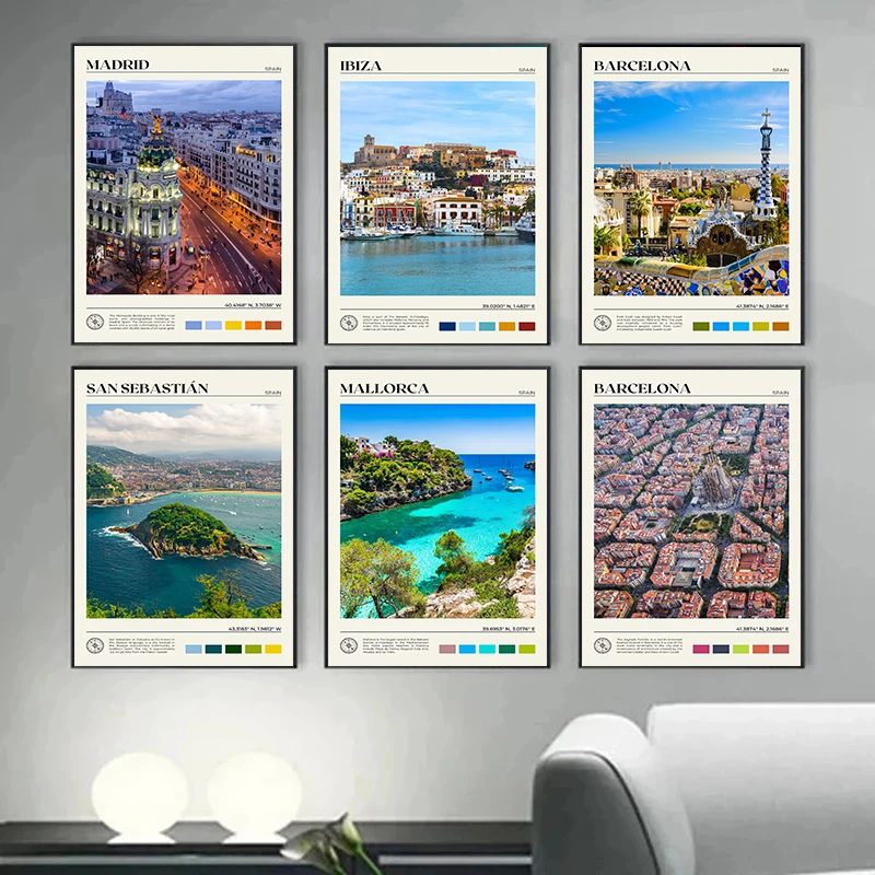 Póster de paisaje de viaje de España, pintura en lienzo de Sevilla, Mallorca, Barcelona, Ibiza, Madrid, Alicante, imagen artística de pared, decoración del hogar y la Oficina