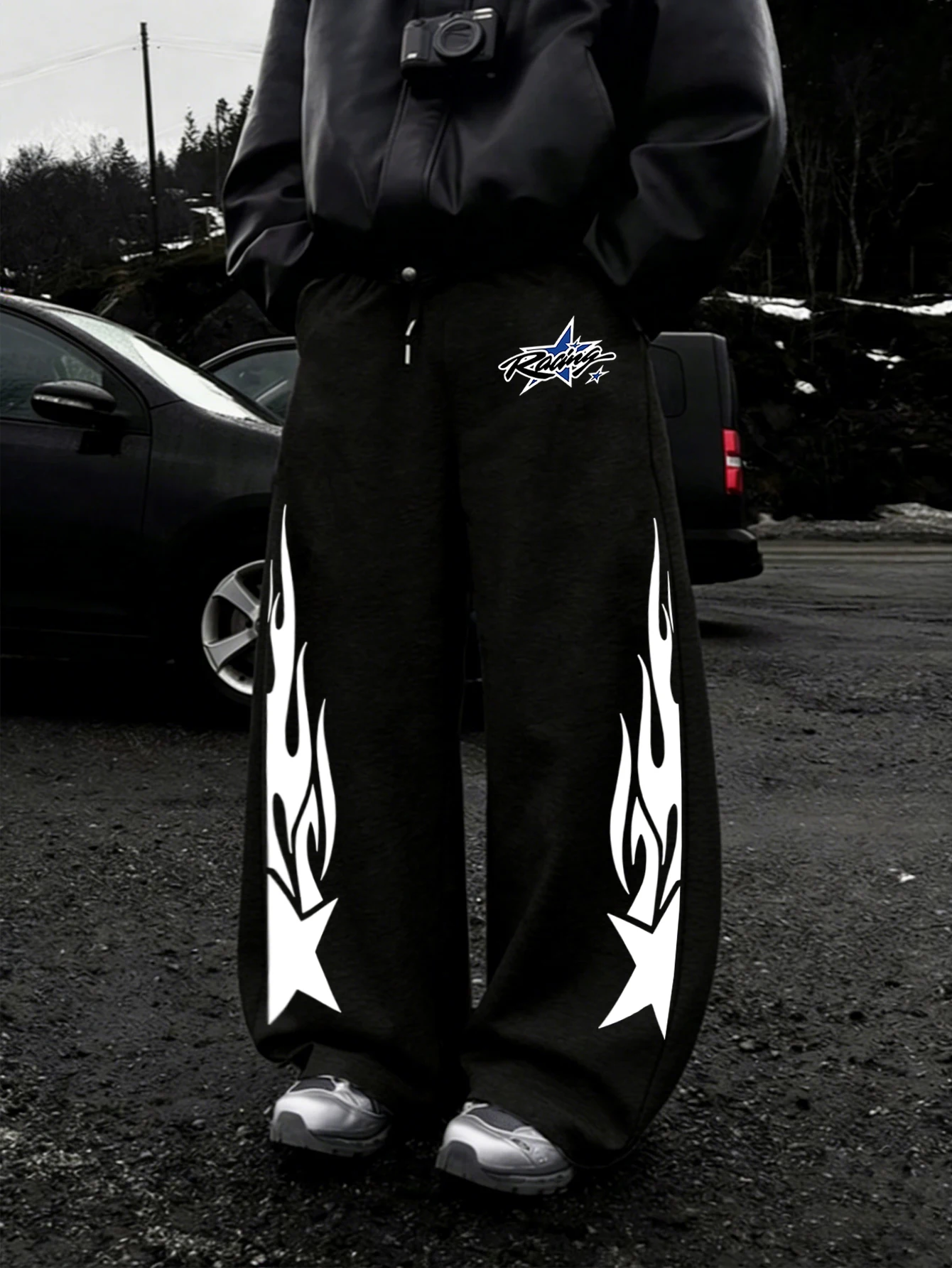 Men Y2K Racing Streetwear Baggy Sweatpants, Symmetrical Flame‑Star Dual‑Leg CuffPrint& 