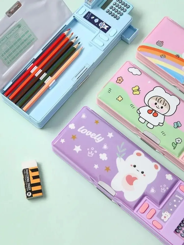 Trousse à crayons en plastique avec calculatrice/shûte-crayon, mécanisme amusant, boîte à crayons, utilisation Double face, sac à stylos multifonctionnel