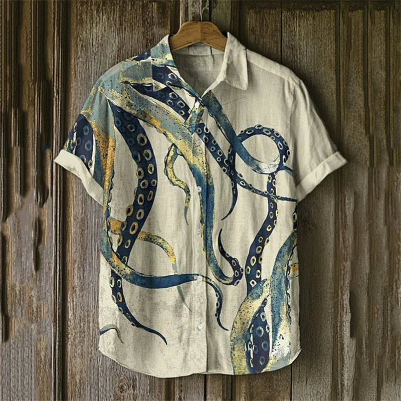 Summer New Men's Art Deep Sea Giant Octopus Monster Linen Pattern Men's Short Sleeve Comfort Casual Shirt Button Top