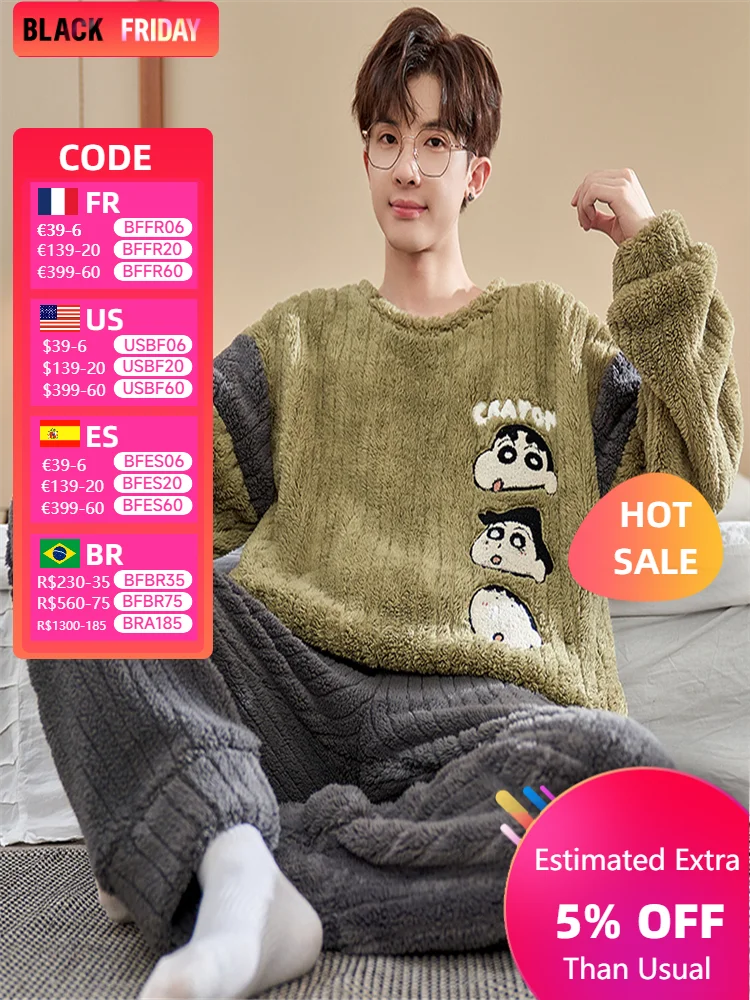 New Arrival Man Flannel Sleepwear Boy Warm Pajamas Sets Cartoon Warm Pijamas Male Coral Fleece Nightwear Pyjamas  2 Pieces Homme