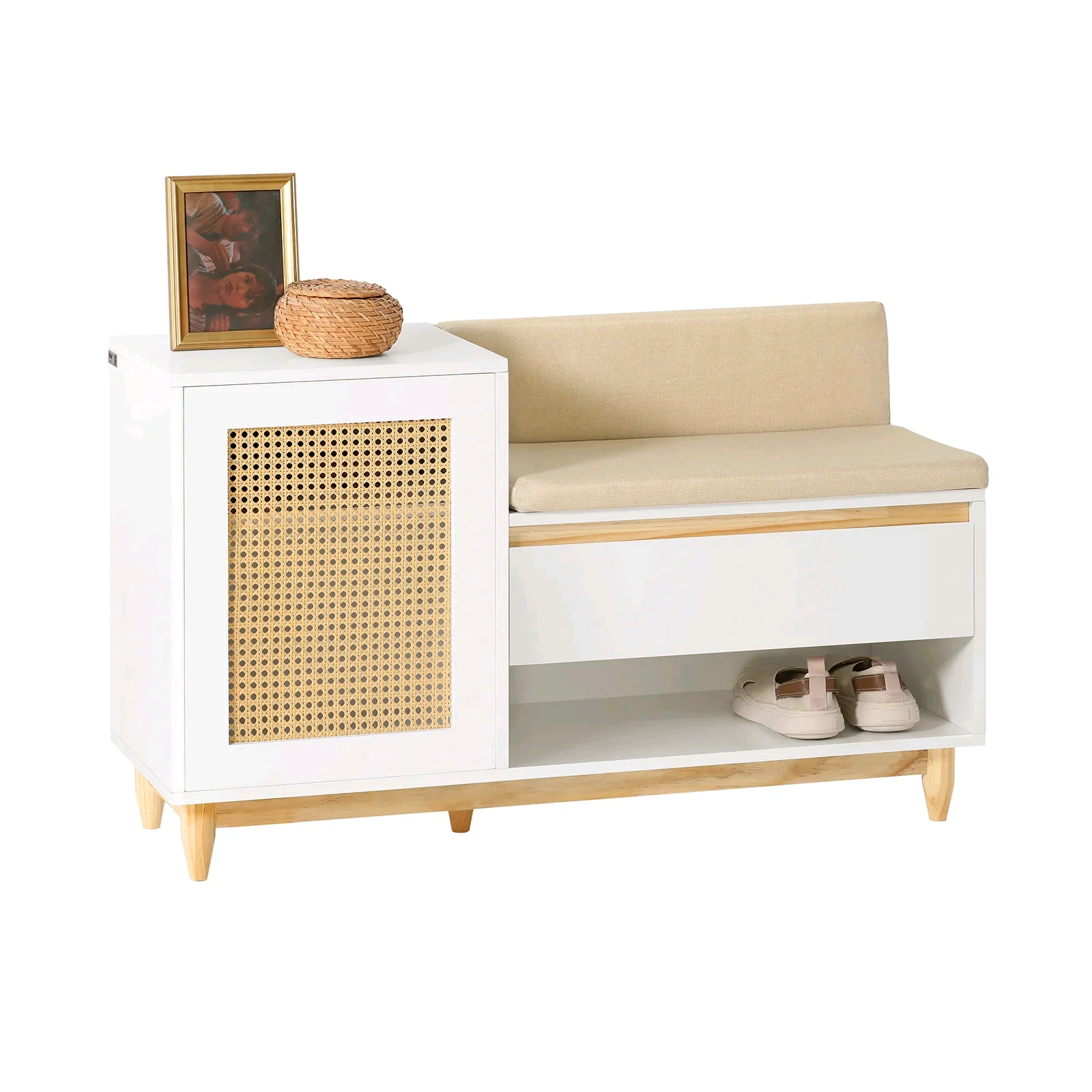 

！@Combohome Entryway Furniture Modern Wooden Shoe Rack Cabinet Small Shoe Storage Bench With Soft Seat Cushion