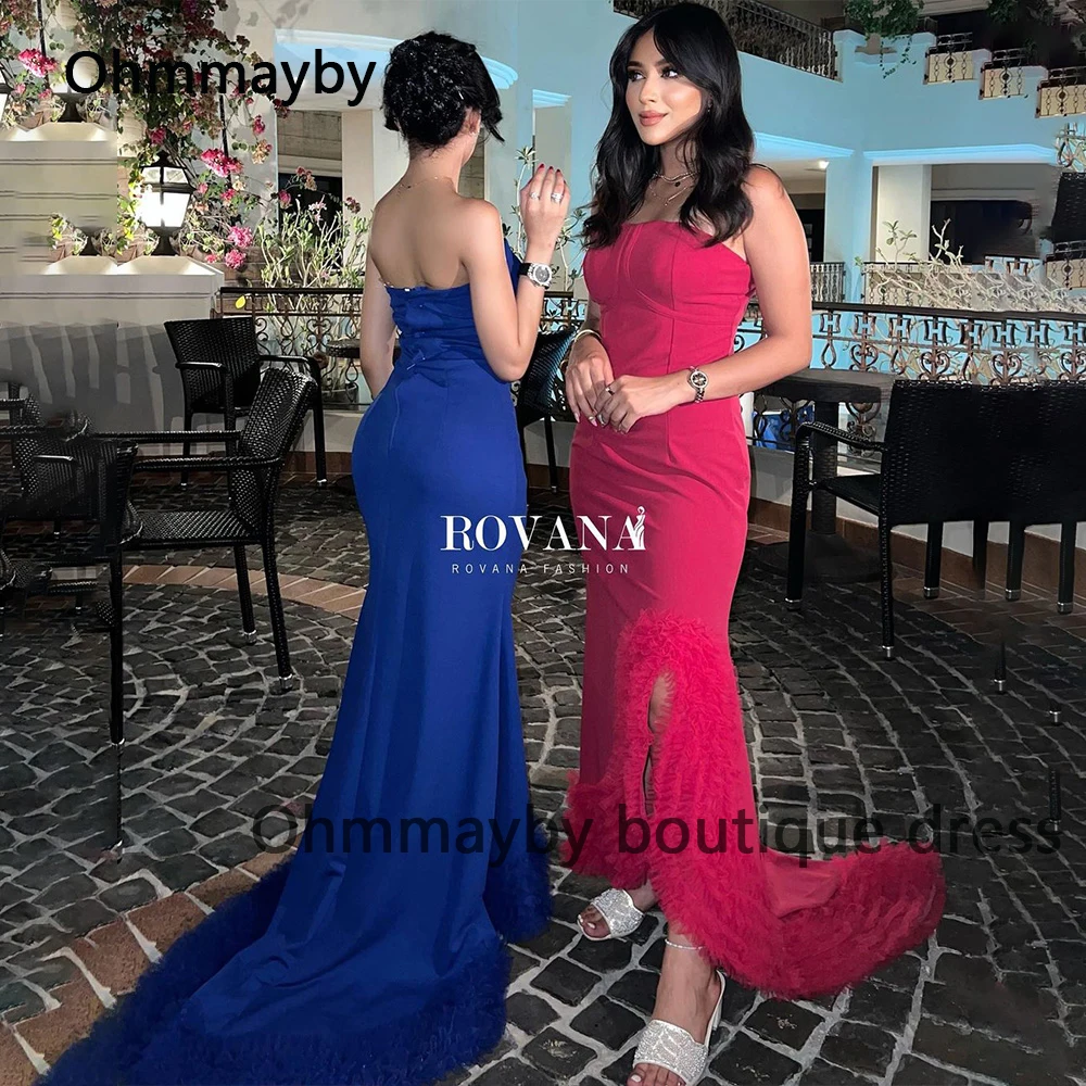 

Pink Blue Mermaid Evening Dresses with Slit Strapless Arabian Dubai Formal Prom Dress for Women Long Wedding Party Gown Backless