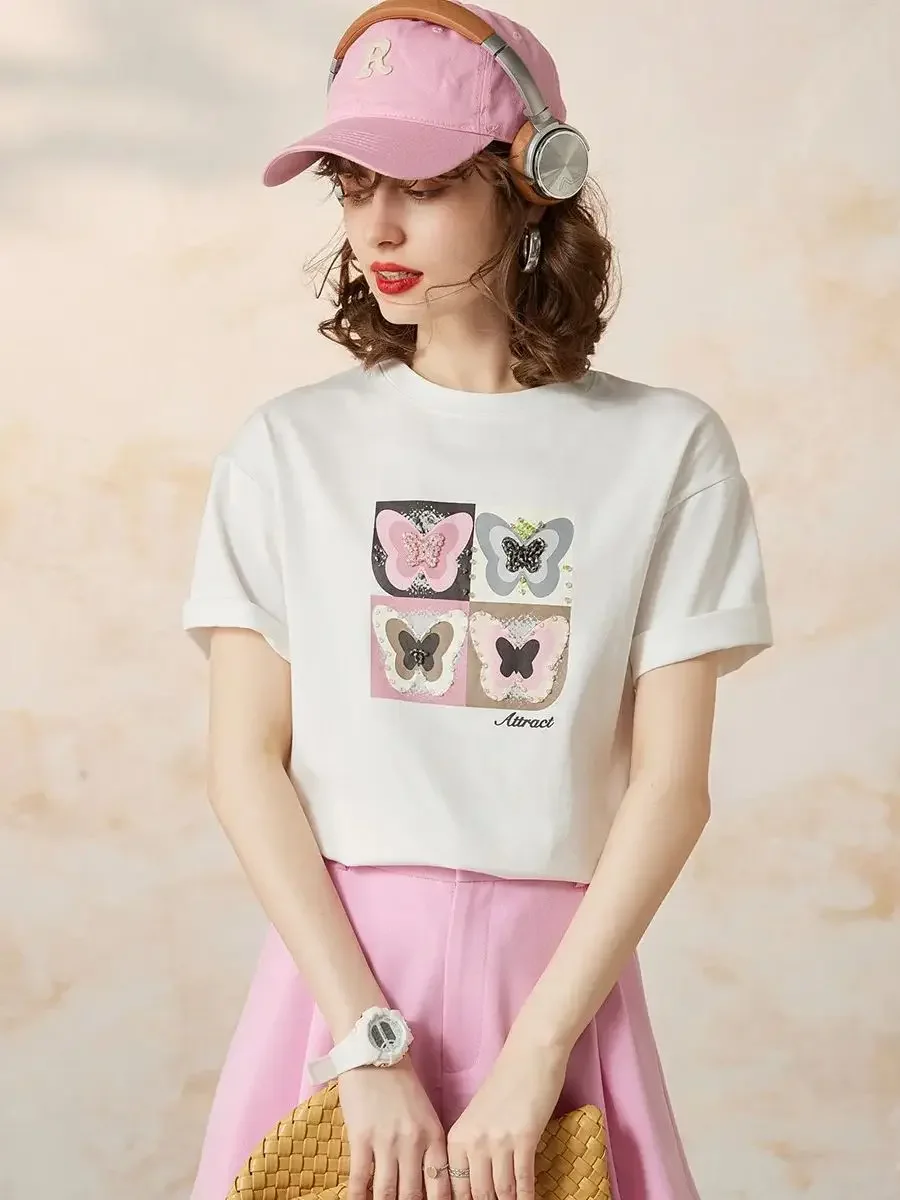 LOUIS YAO Women T-shirt 2024 Summer Tee 100% Cotton Round Neck Short Sleeve Beading Butterfly Loose Casual Basic Pullover Top