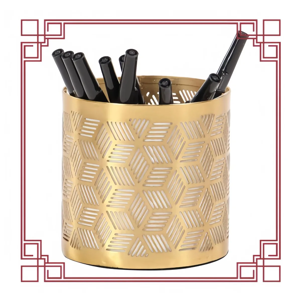 레이저 디자인이 있는 세련된 금속 펜컵, 가정 및 사무실 책상용 금색 기하학적 홀더