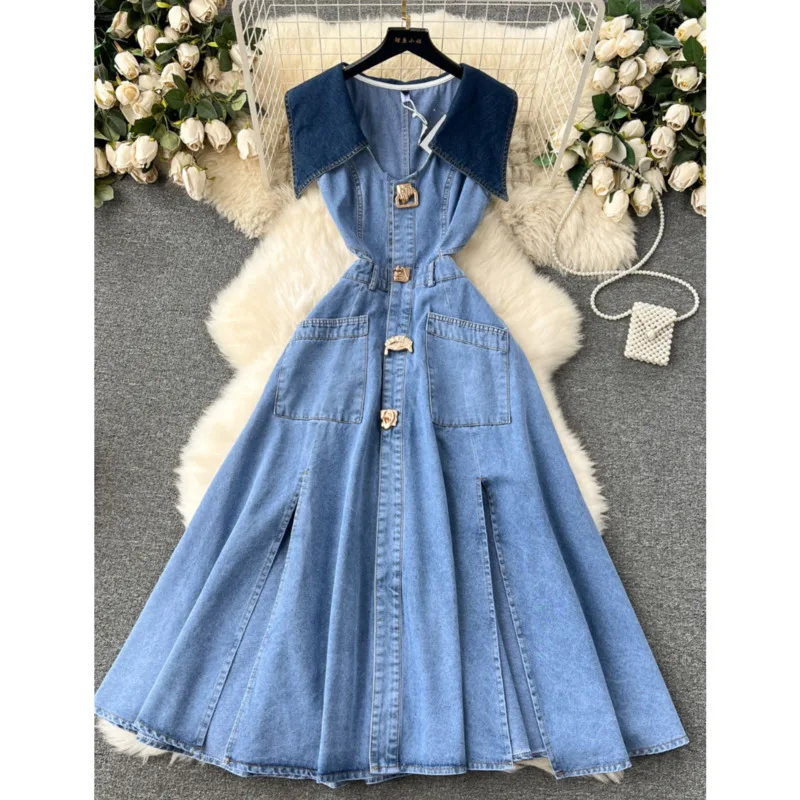 Denim Hollow Waist Sleeveless Vest Dress Women 2024 Fashion Retro Button Single Breasted A-line Split Denim Lapel Loose Dress