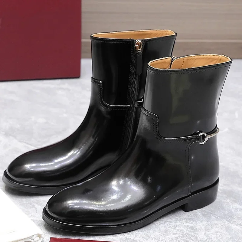 

New Ladies Ankle Boots Women European And American Knee High Boots High-quality Cowhide Leather Metal Boots Women