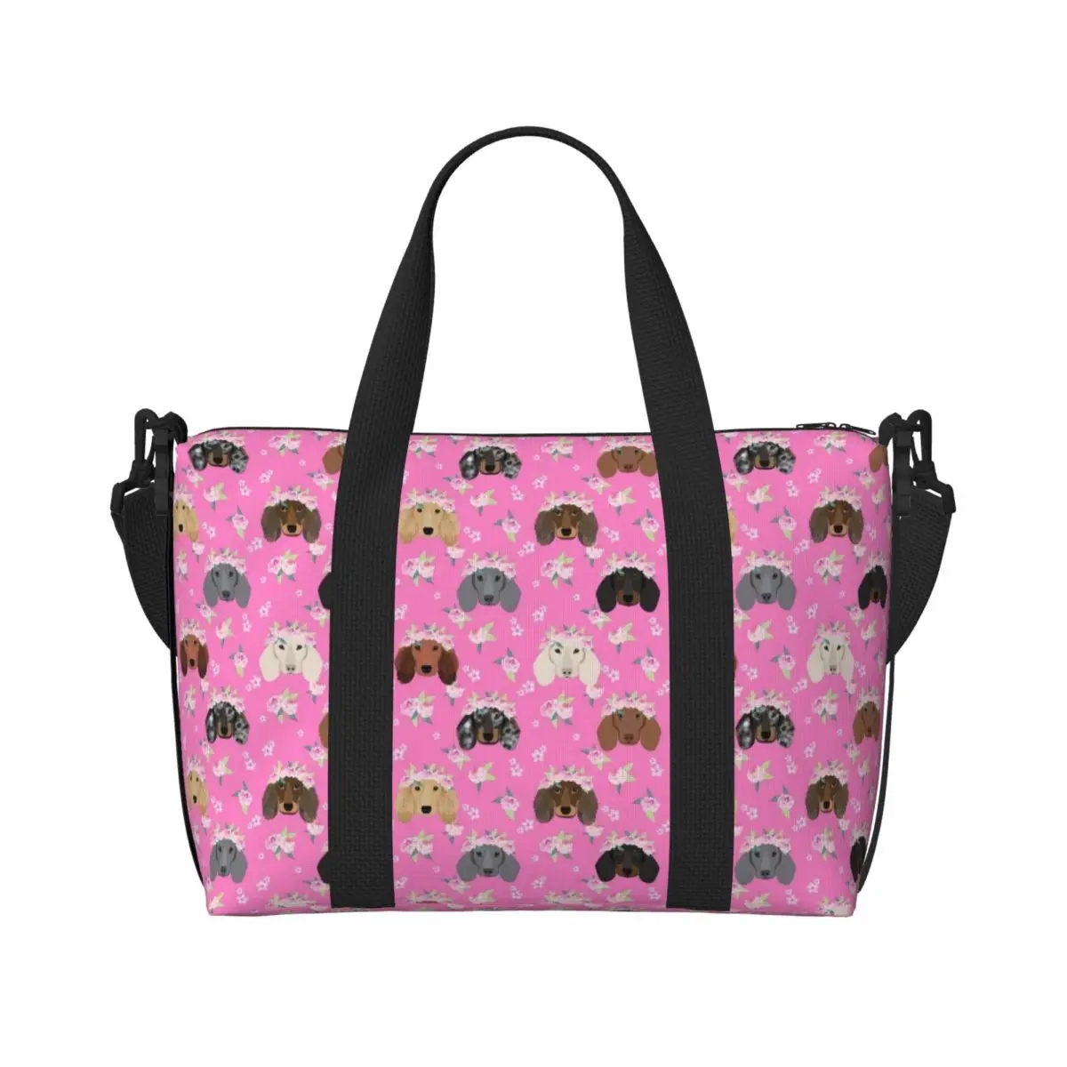 Custom Puppy Dachshund ไส้กรอก Florals Beach Tote กระเป๋าผู้หญิงน่ารักสัตว์เลี้ยงขนาดใหญ่ช่อง Gym Beach กระเป๋าเดินทาง