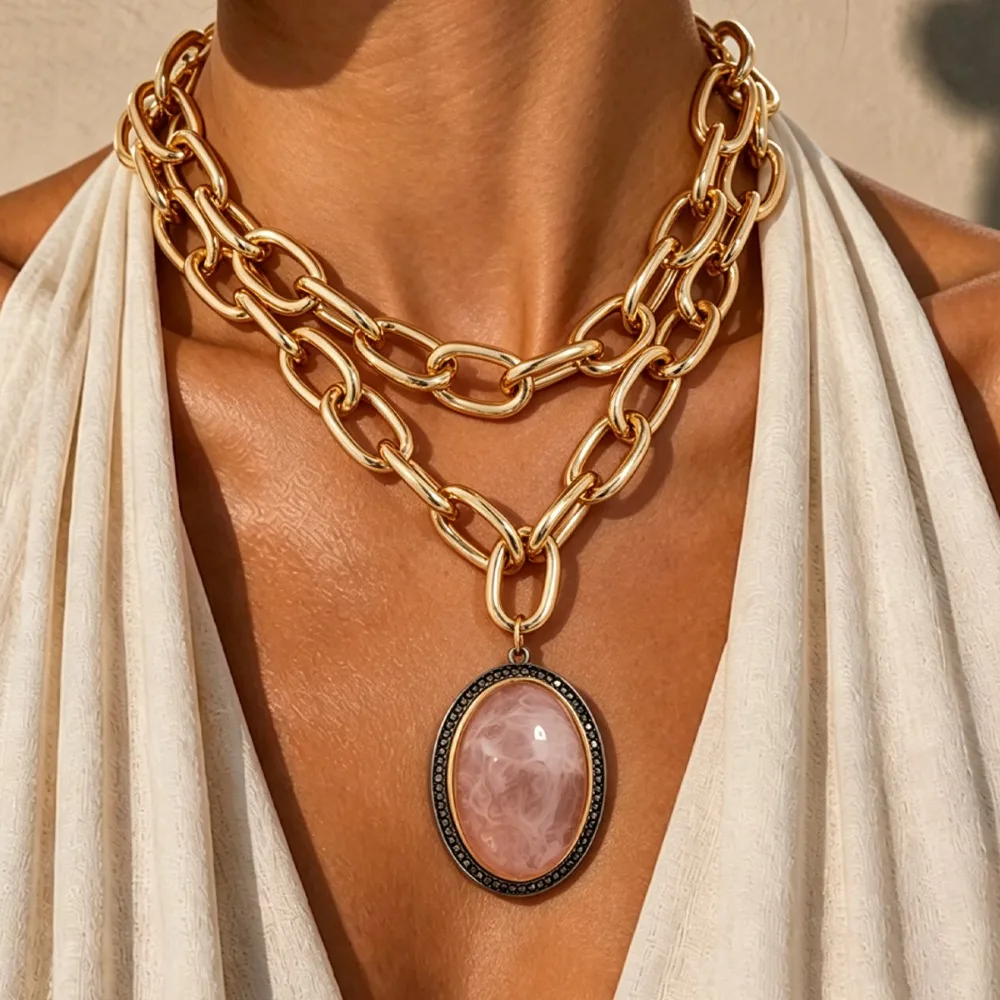 2pcs Set Exaggerated Punk Oval Imitation Rose Quartz Rhinestone Frame Pendant Chunky Paperclip Chain Necklace for Women Jewelry