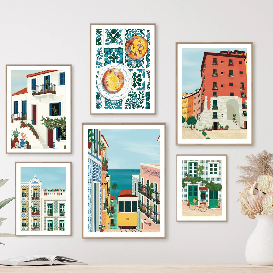 Lisbona Tram Food Portugal cuadro sobre lienzo para pared carteles de ciudad de viaje e impresiones cuadros de pared para decoración de sala de estar y cocina
