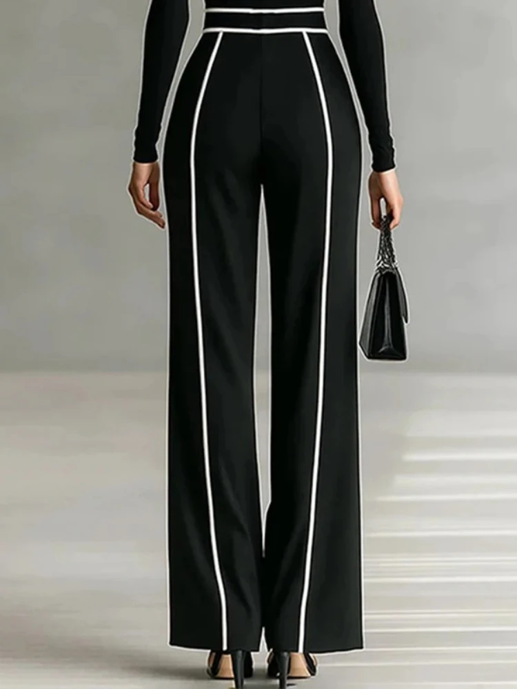 Freeacy Women Black White Contrast Piping Wide Leg Pants High Waist Pleated Trousers 2026 Loose Floor Length Casual Pants view 3