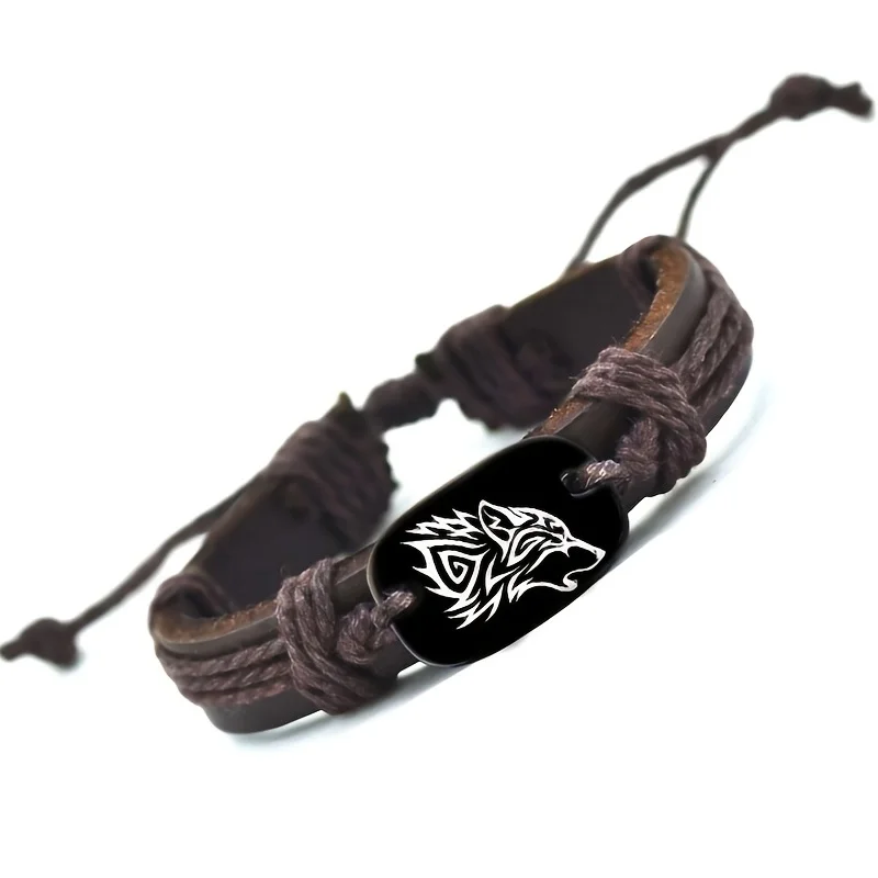 سوار جلدي بقلادة الذئب للرجال بتصميم قبلي قابل للتعديل، مجوهرات أنيقة على شكل رأس الذئب لمحبي الموضة