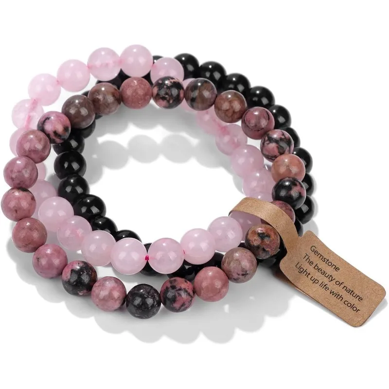 3 Stück Kristall-Armbänder für Damen, 8 mm, Naturstein, Perlen, Stretch-Armband, Amethyst, Schmuck, Geschenke