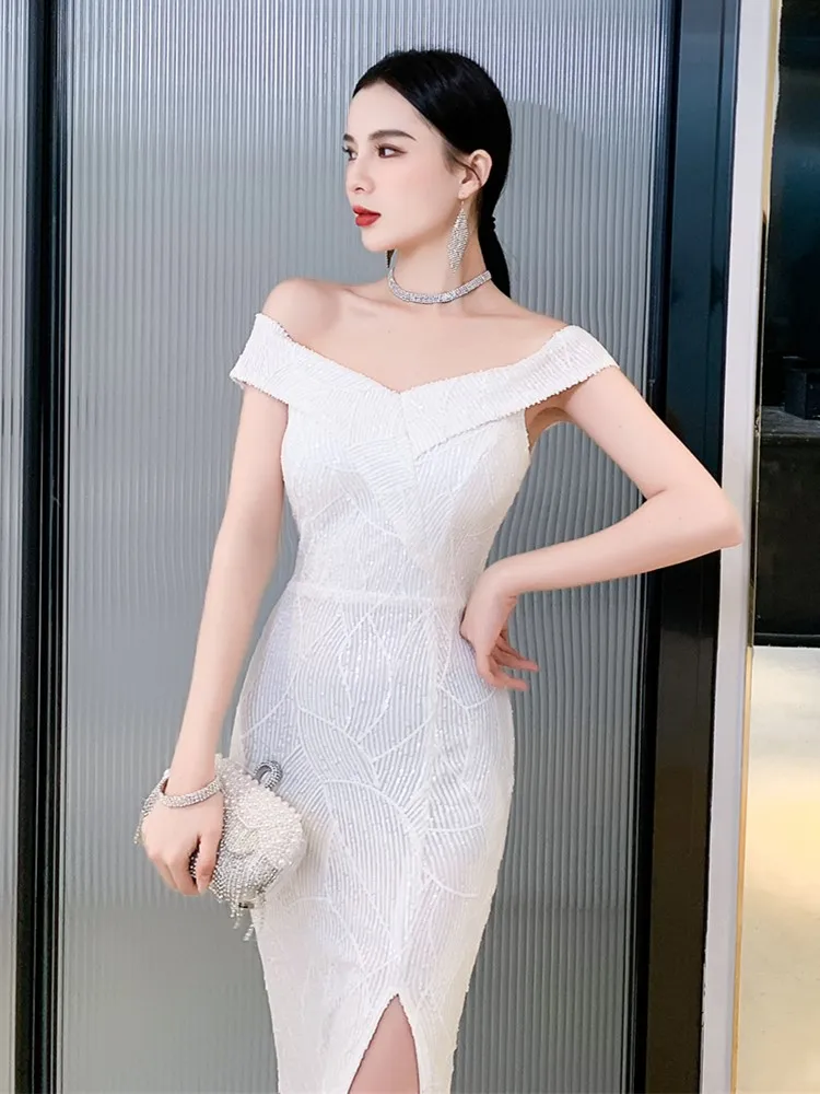 

Элегантное белое вечернее платье для женщин, новинка 2026 года, бальное платье-русалка на одно плечо, модель с пайетками высокого качества