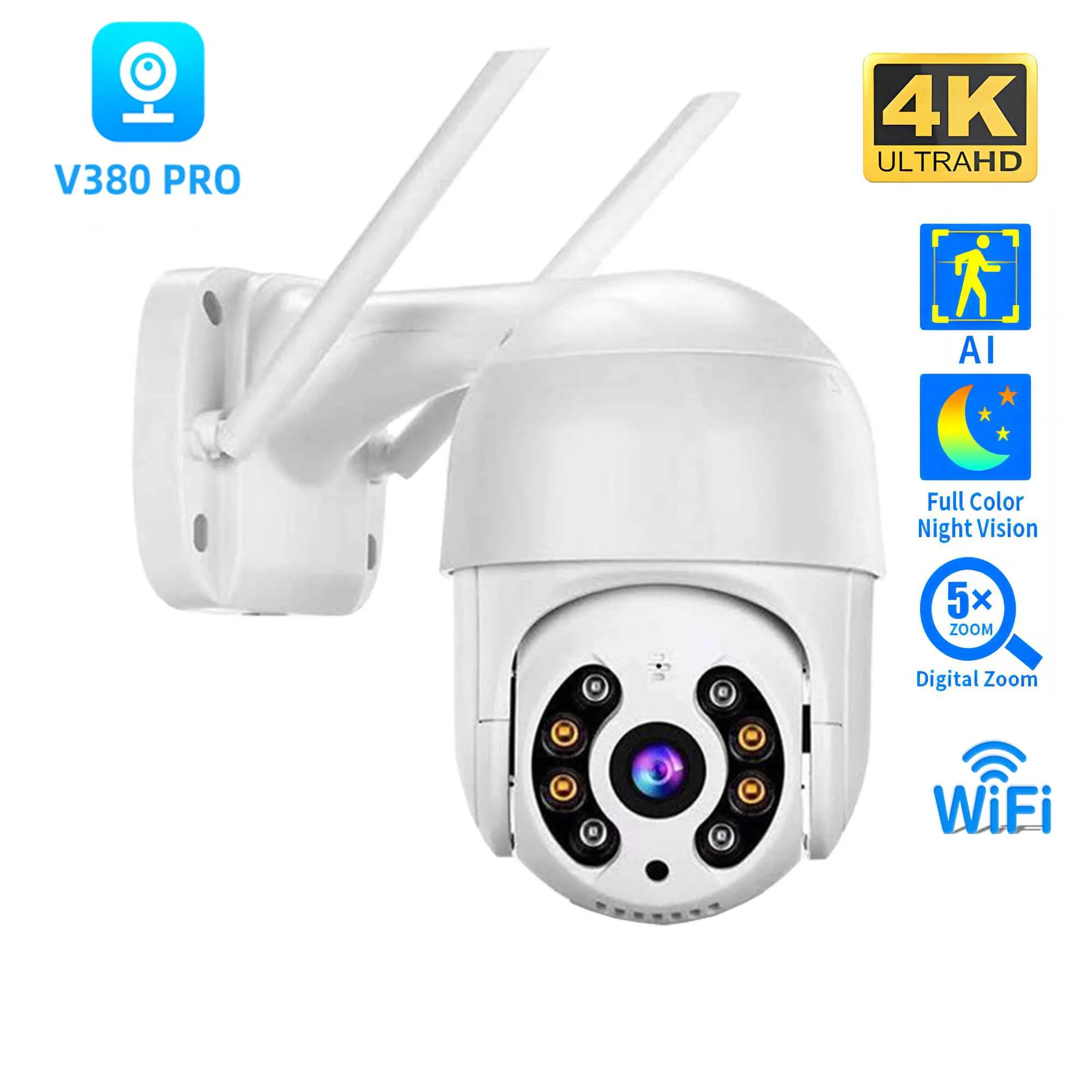 4K Ultra HD 8MP V380 Pro WiFi Outdoor Security Camera, Wireless IP Smart Surveillance CCTV Full Color Night Vision Monitor
