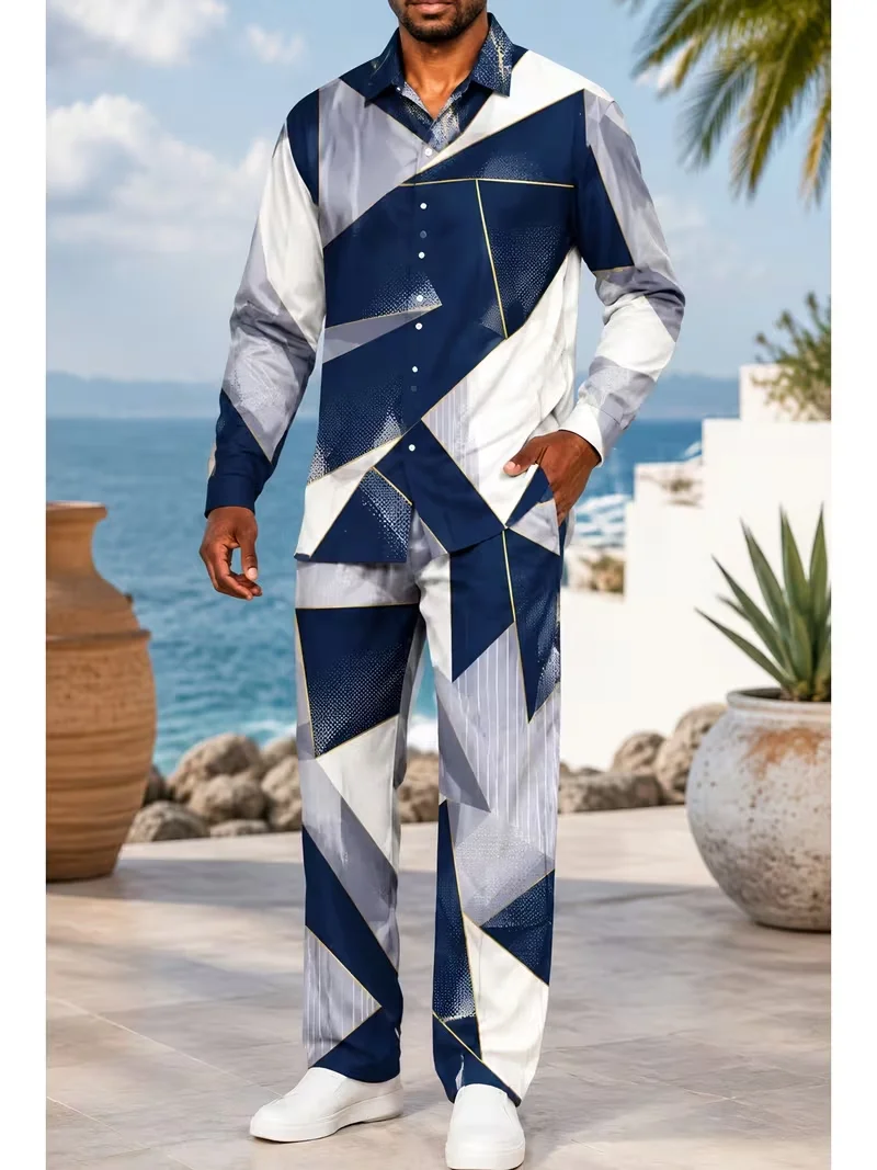 New champagne red gradient horizontal stripe long sleeved set, lazy and luxurious men's shirt and pants two-piece set view 3