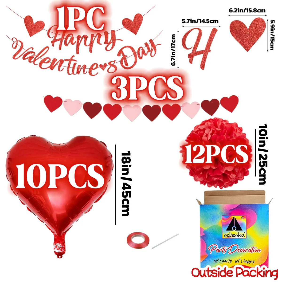 26PCS Valentine’s Day Decoration Kit - Happy Valentine's Day Love Heart Paper Banner, Red Heart Garland, Red Heart Foil Balloons