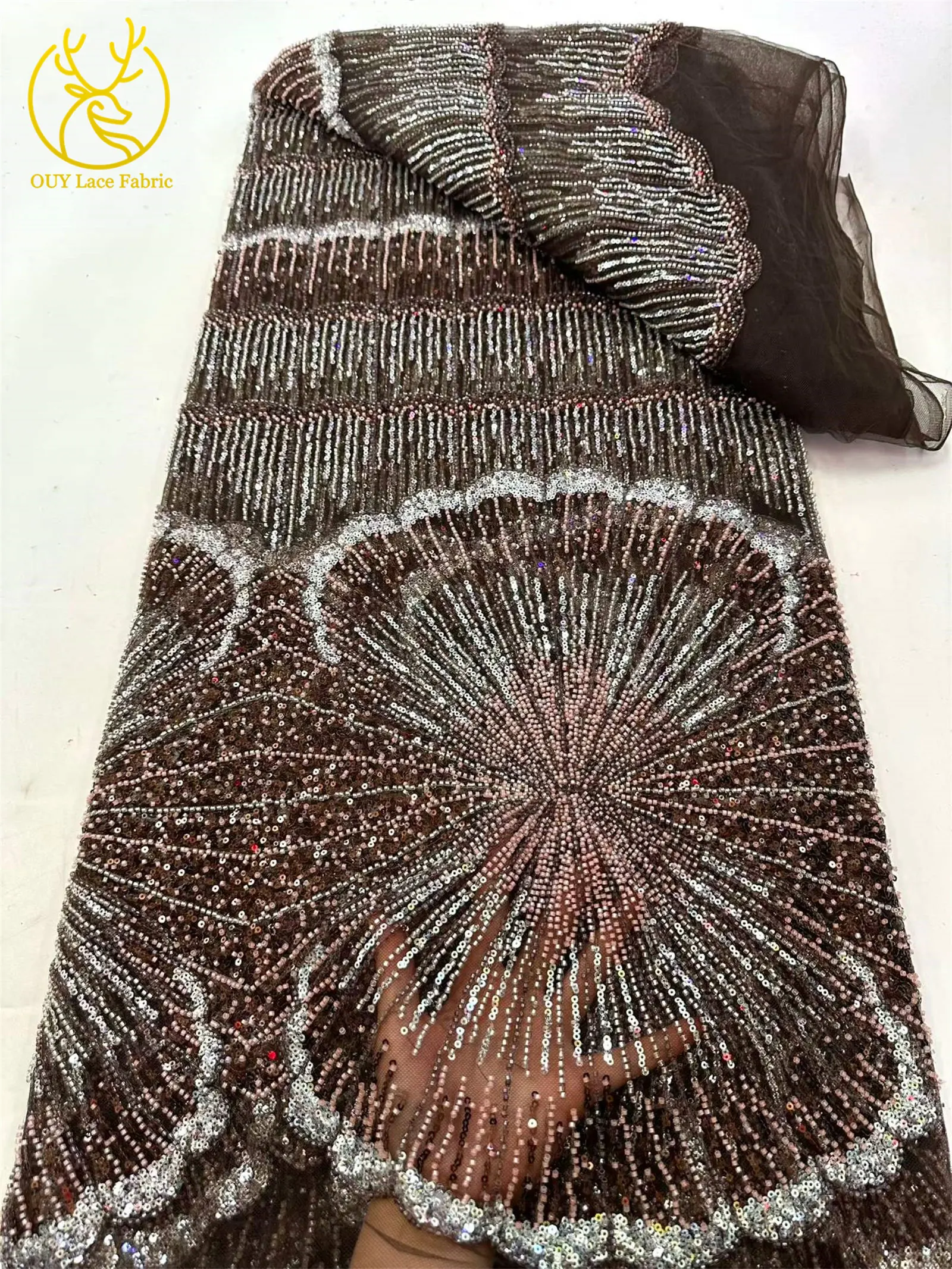 Luxuriöser Gold-Lila Afrikanischer Perlen-Pailletten-Spitzenstoff 5 Yards Exquisiter Französischer Nigerianischer Tüll-Spitzenstoff für Abendkleider und Hochzeitskleider – Detail 14