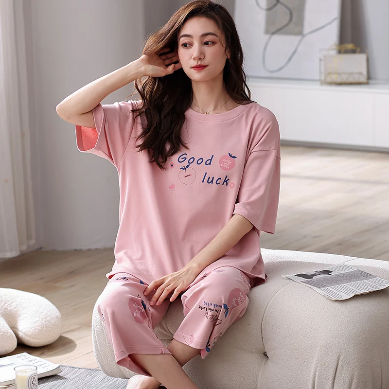 

2pcs/set Short Sleeve T-Shirt + Calf-Length Pants Pijamas Set Women's Summer Sleepwear Full Cotton Sleep Clothes Pyjamas Female