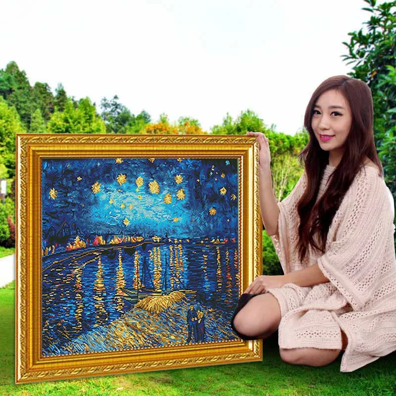 Starry Night Over the Rhone Printed Canvas van Gogh 11CT Cross-Stitch Embroidery Full Kit Needlework Handmade Craft Knitting