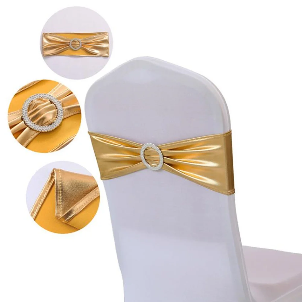 

Metallic Gold Silver Stretch Spandex Chair Bow Sash Band With Round Buckle For Banquet Event Wedding Chair Sash Tie