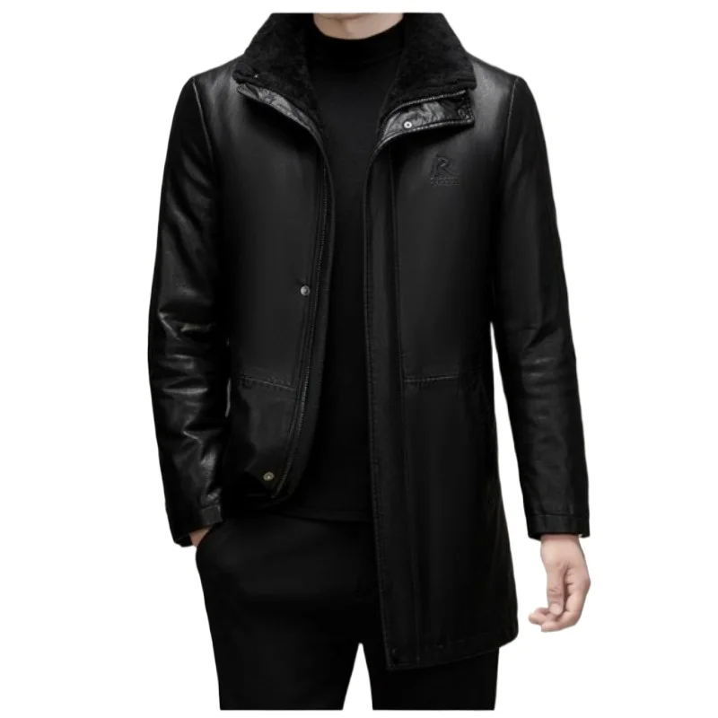 High Quality New Fashion Casual Fur Integrated Leather Coat Winter Men Mid-Length Thickened Wool Liner Warm Sheep Leather Jacket