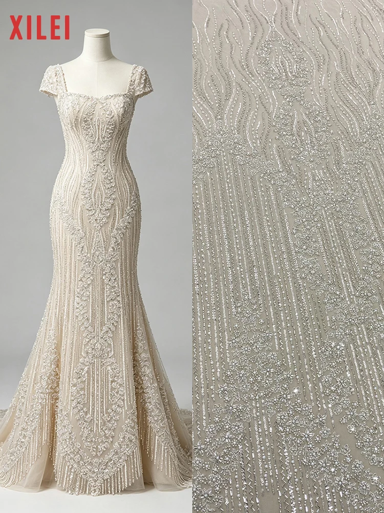 

XILEI #517 Beaded Lace Fabric By The Yard Luxury White Wedding Dress Lace Fabric Ivory Beading Tulle Lace Sequins Shiny Lace
