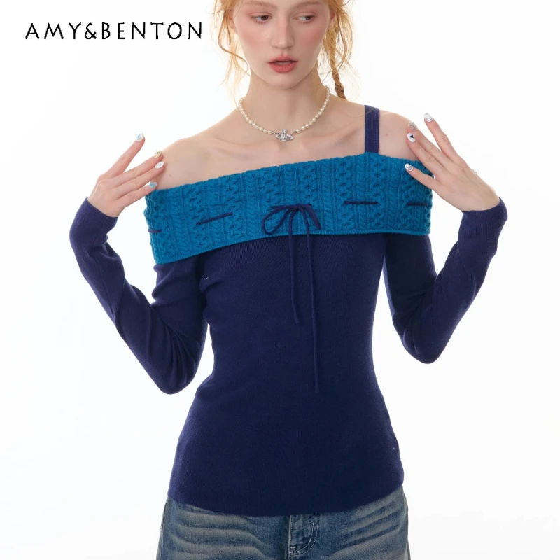 

Осень-зима 2022, новые женские свитера на шнуровке с открытыми плечами, винтажный дизайн, утягивающий универсальный вязаный пуловер Y2k, женский