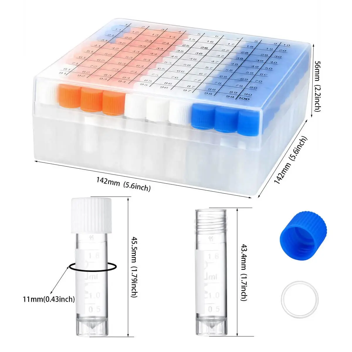 100PCS 2ml Plastic Small Vials with Screw Caps Sample Tubes Cryotubes,PP Material, Free from DNase, RNase, Human DNA，1 Set